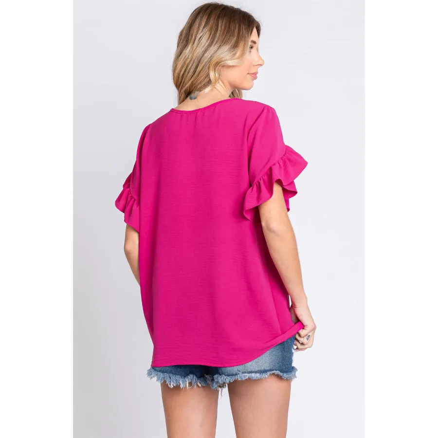 GeeGee V-Neck Ruffle Trim Short Sleeve Blouse