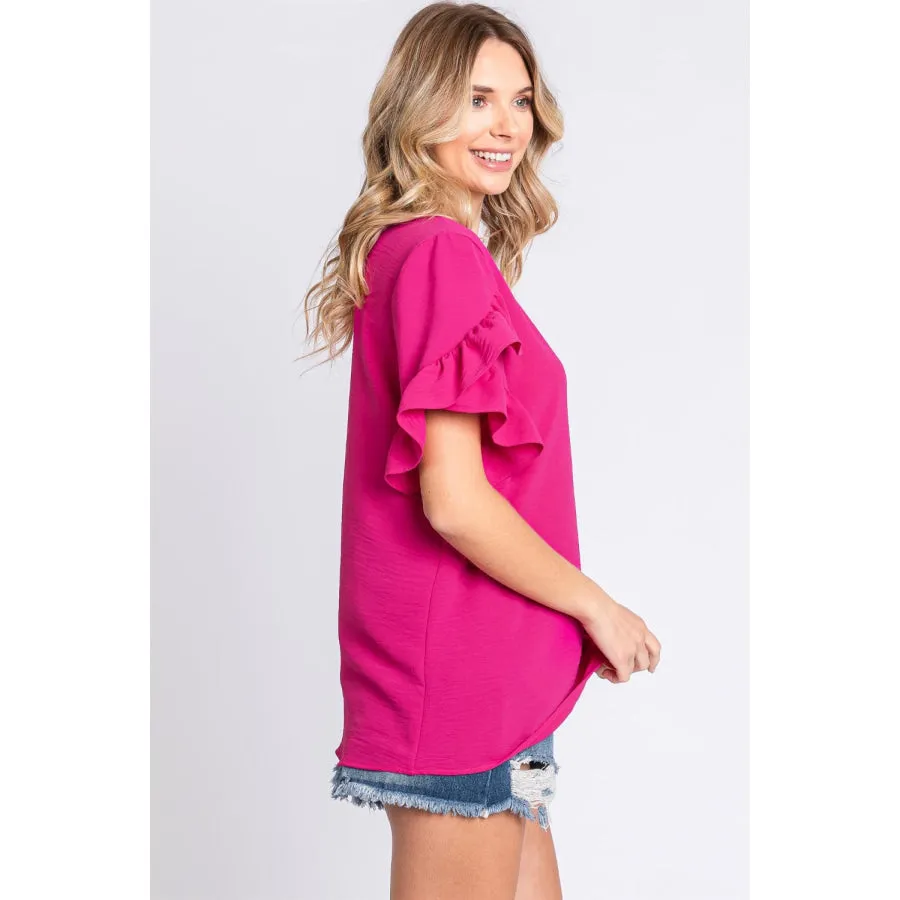 GeeGee V-Neck Ruffle Trim Short Sleeve Blouse