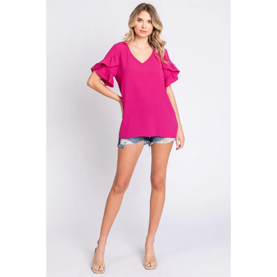 GeeGee V-Neck Ruffle Trim Short Sleeve Blouse