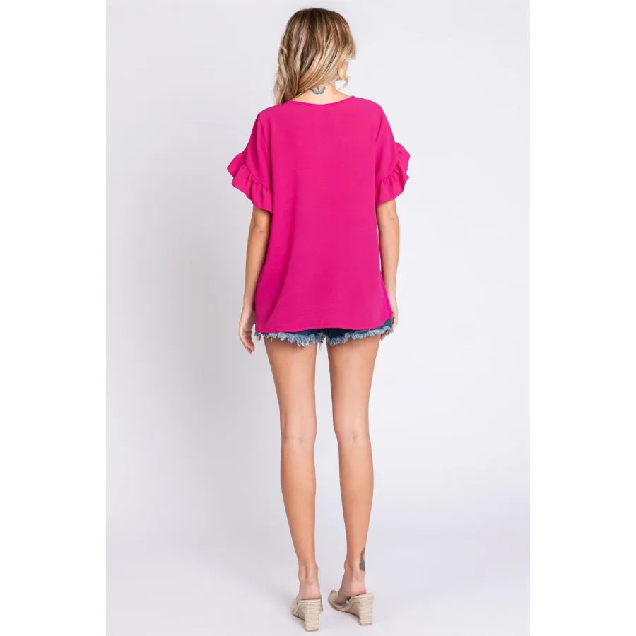 GeeGee V-Neck Ruffle Trim Short Sleeve Blouse