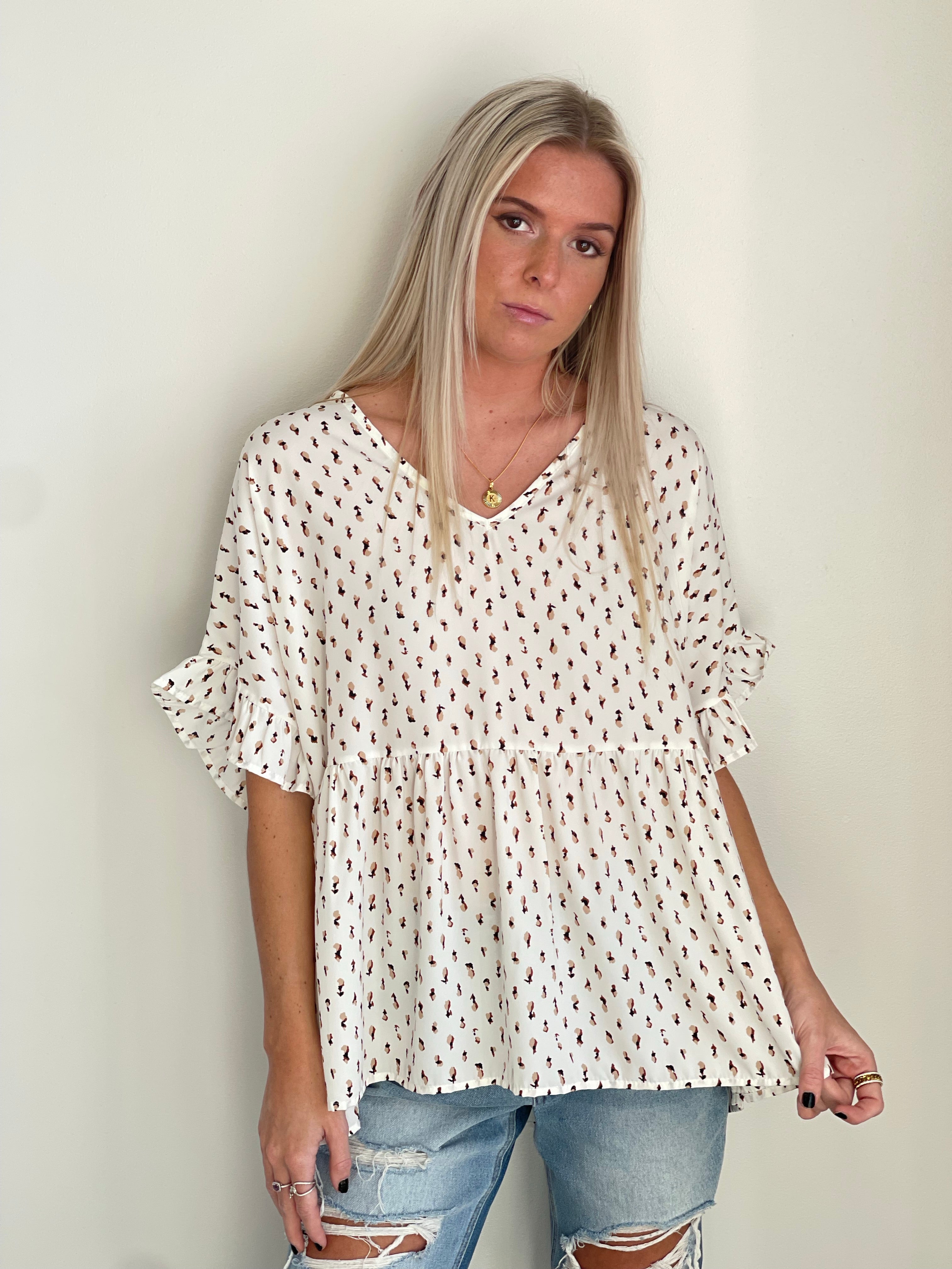 Georgie Geo Print Dolman Ruffle Sleeve Blouse