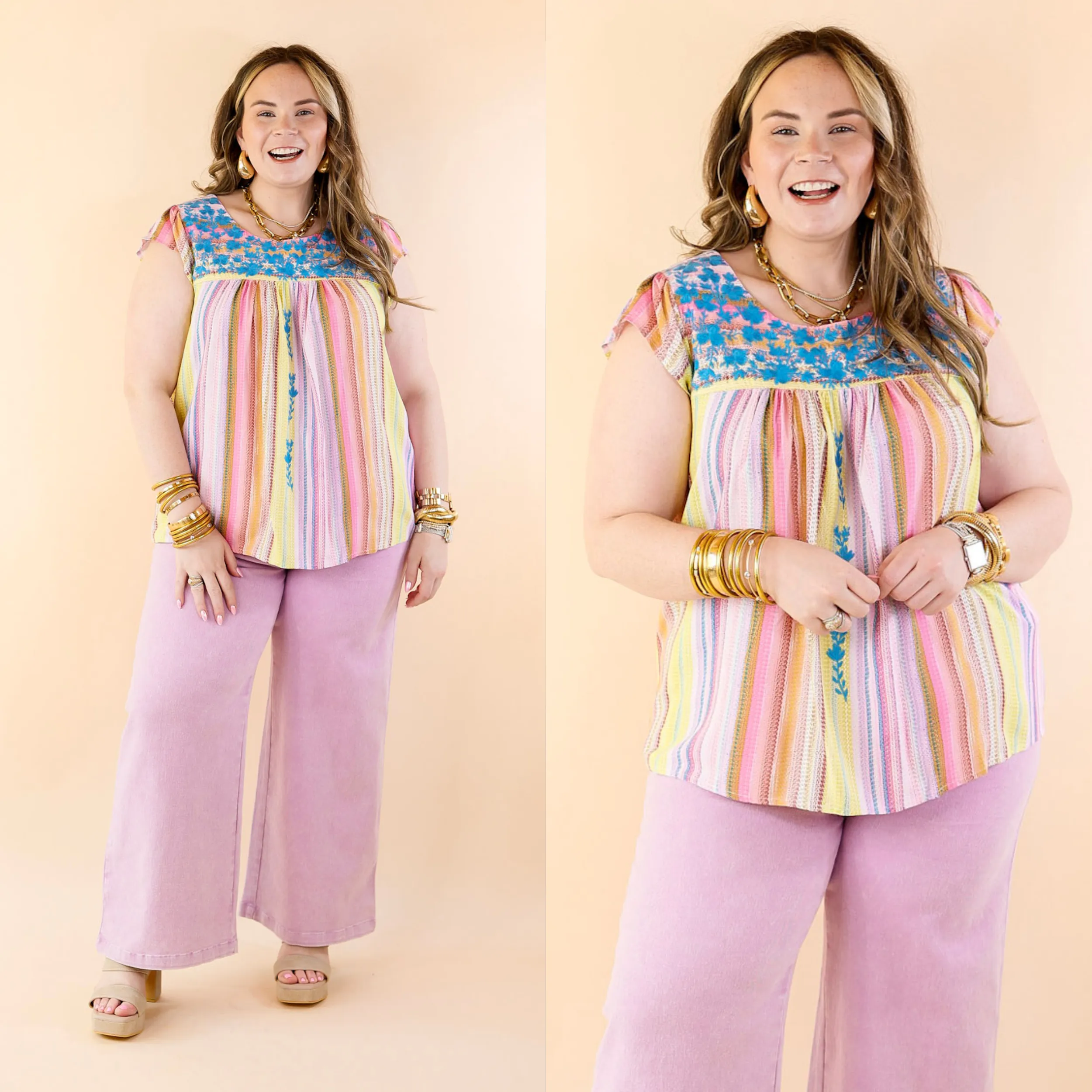 Grab My Hand Serape Ruffle Cap Sleeve Top with Floral Embroidery in Pink Mix