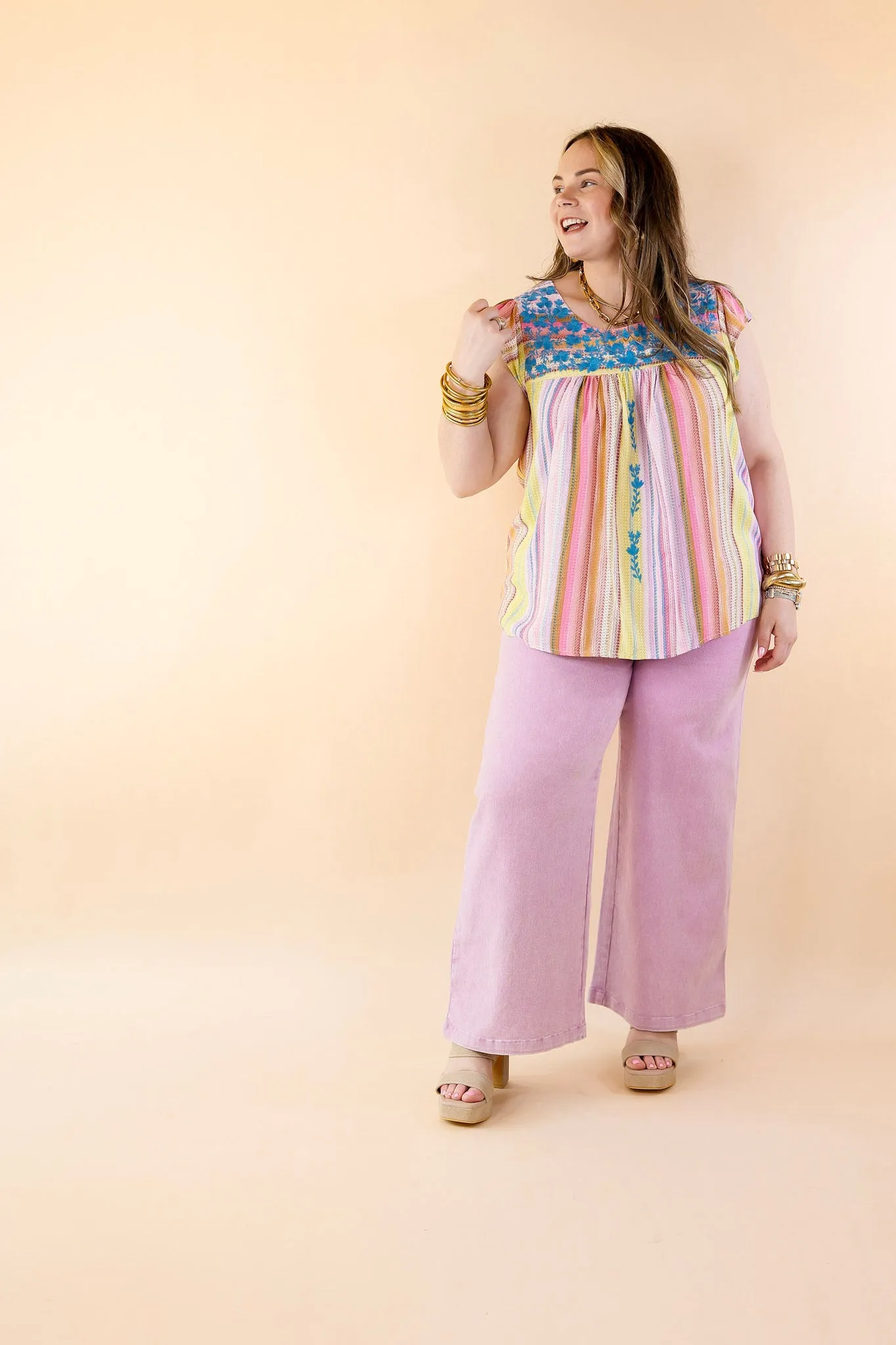 Grab My Hand Serape Ruffle Cap Sleeve Top with Floral Embroidery in Pink Mix