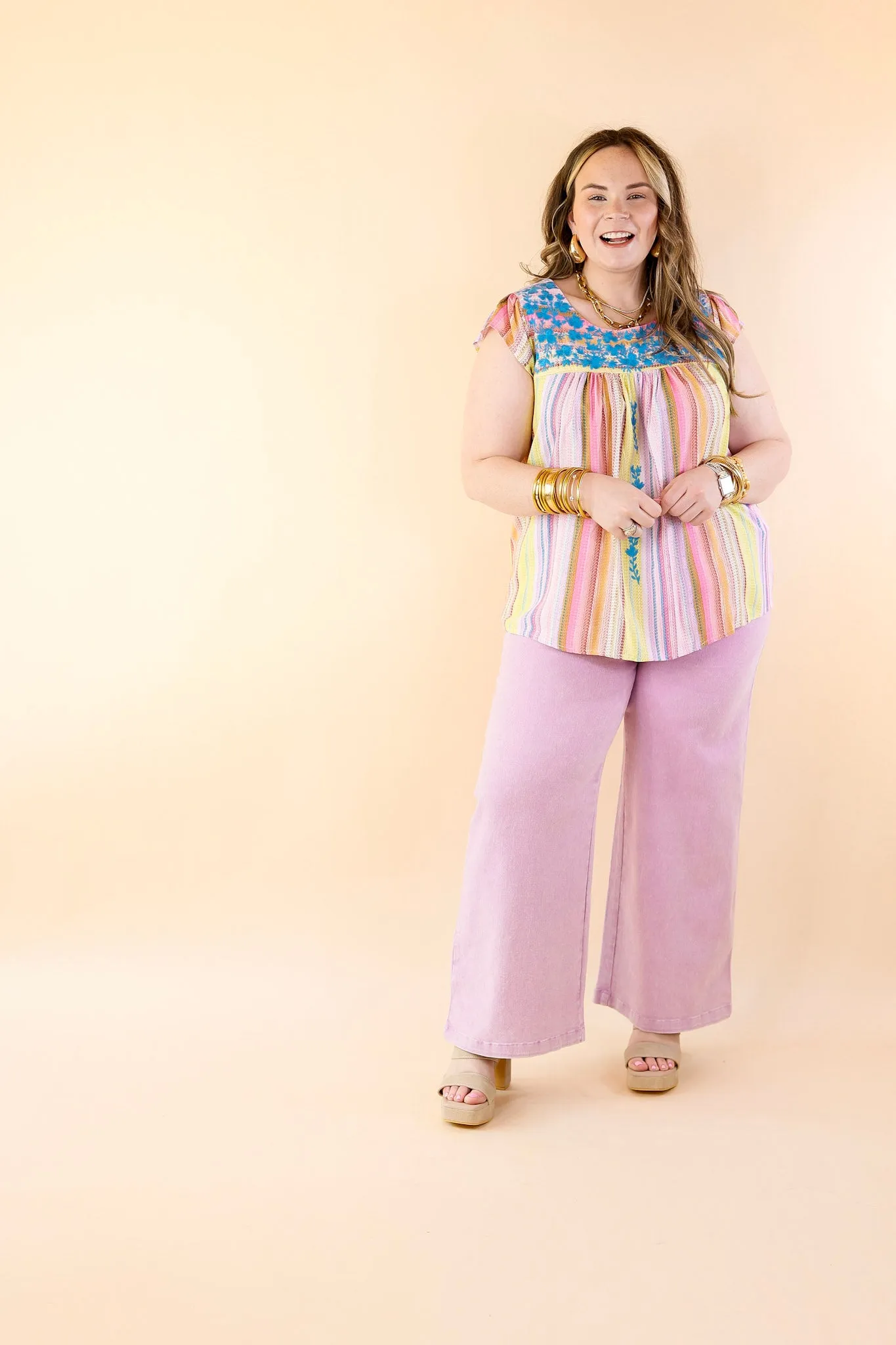 Grab My Hand Serape Ruffle Cap Sleeve Top with Floral Embroidery in Pink Mix