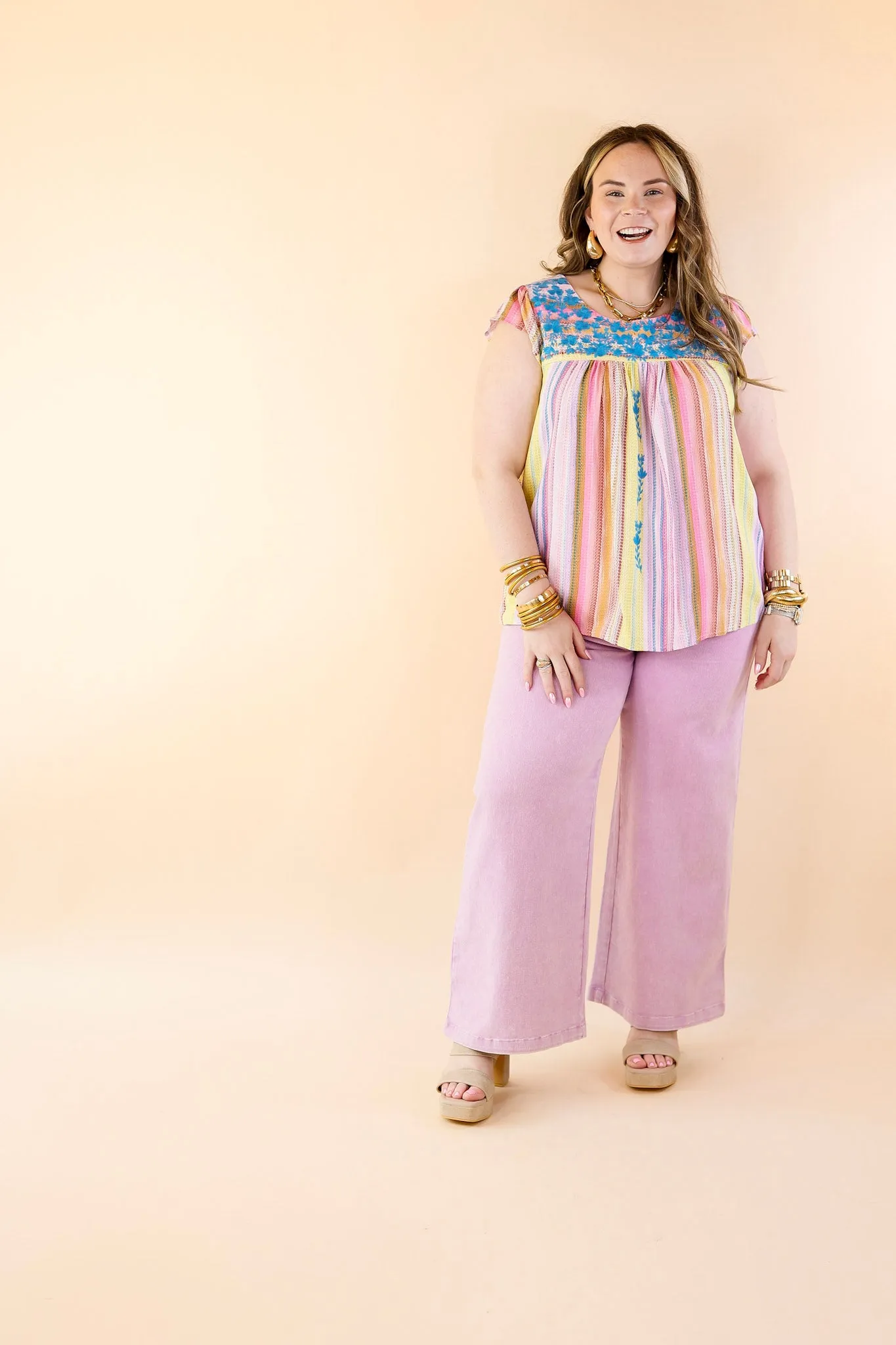 Grab My Hand Serape Ruffle Cap Sleeve Top with Floral Embroidery in Pink Mix