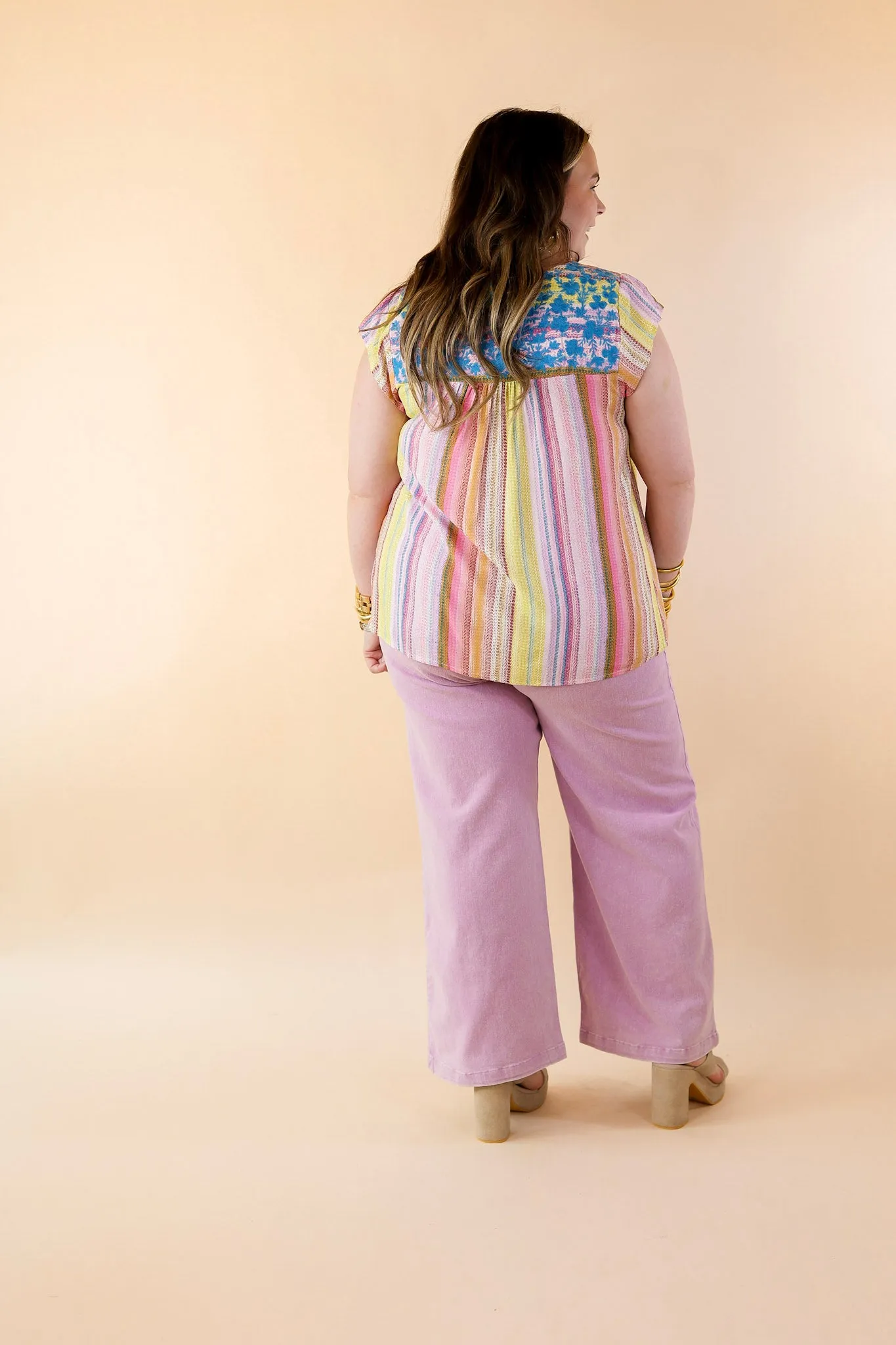 Grab My Hand Serape Ruffle Cap Sleeve Top with Floral Embroidery in Pink Mix