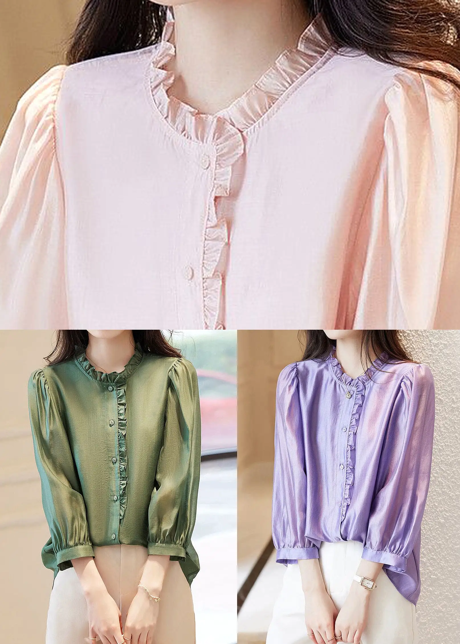 Green Solid Button Chiffon Blouses Ruffled Spring AB1002