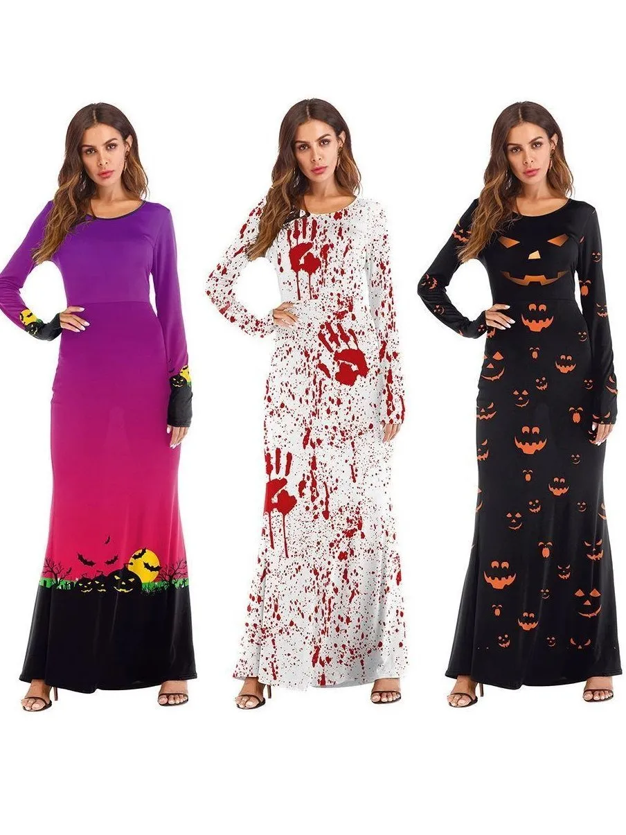 Halloween Cosplay Dress Up Pumpkin Light Print Long Sleeve Dress