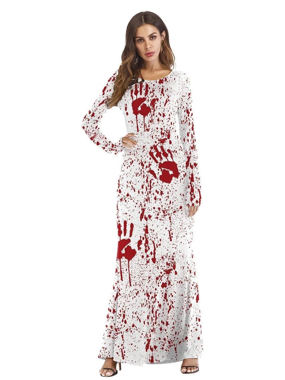 Halloween Cosplay Dress Up Pumpkin Light Print Long Sleeve Dress