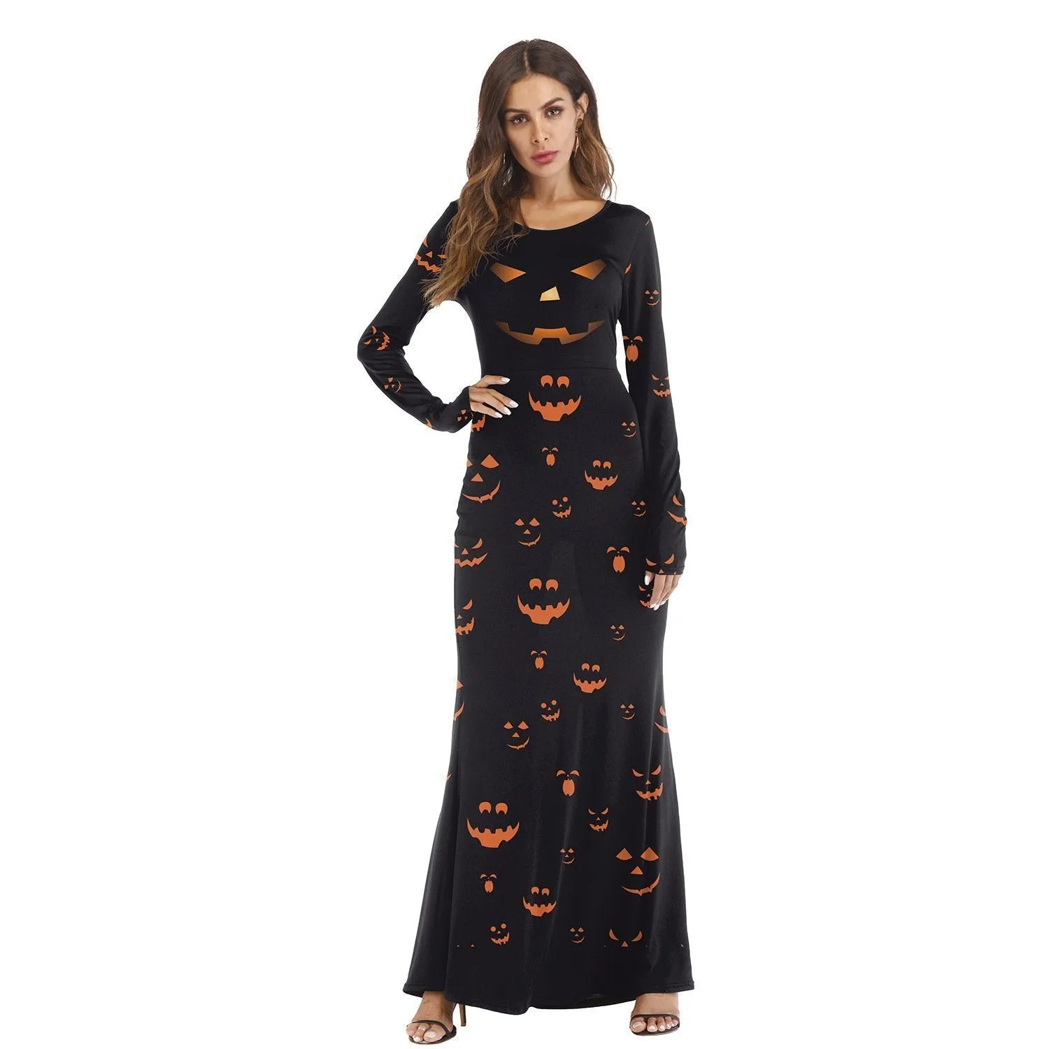 Halloween Cosplay Dress Up Pumpkin Light Print Long Sleeve Dress