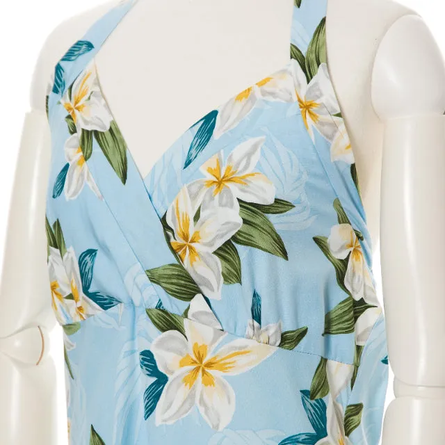 Halter Mid Length Light Blue Plumeria Floral Print Hawaiian Dress