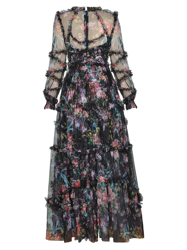 Hazel Spring Mesh Lantern Sleeve Cascading Ruffle  Floral Print  Dress