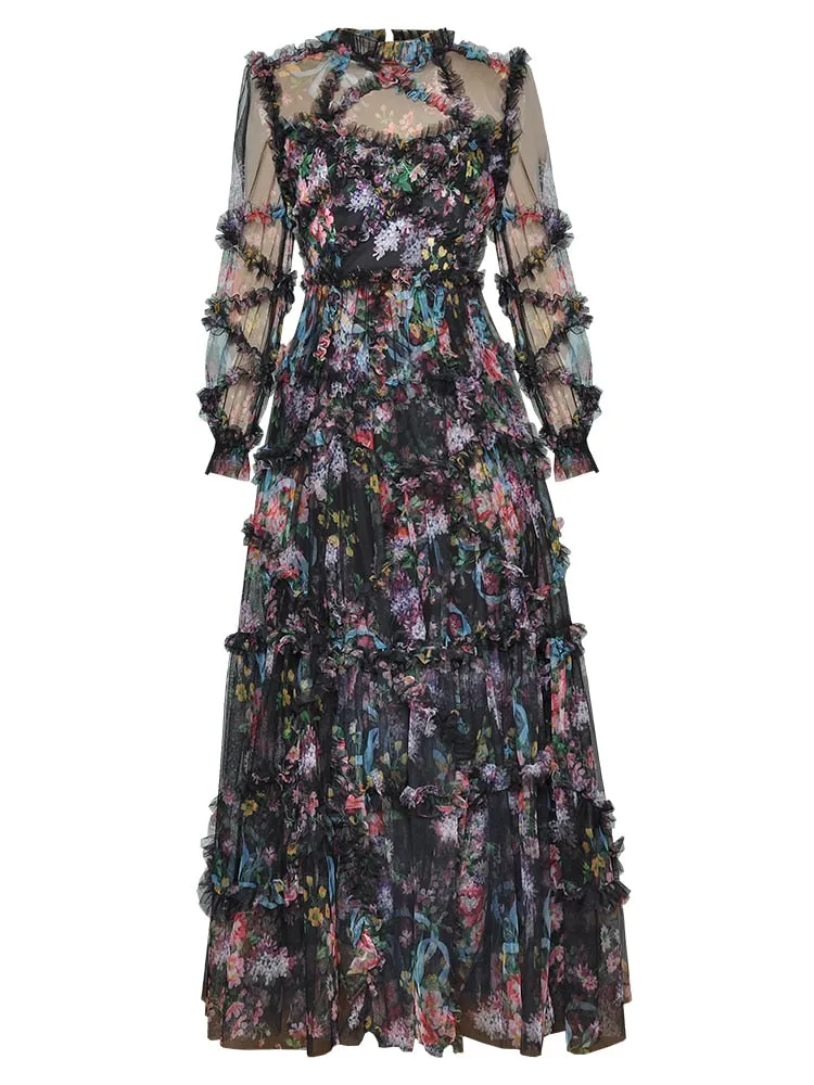 Hazel Spring Mesh Lantern Sleeve Cascading Ruffle  Floral Print  Dress