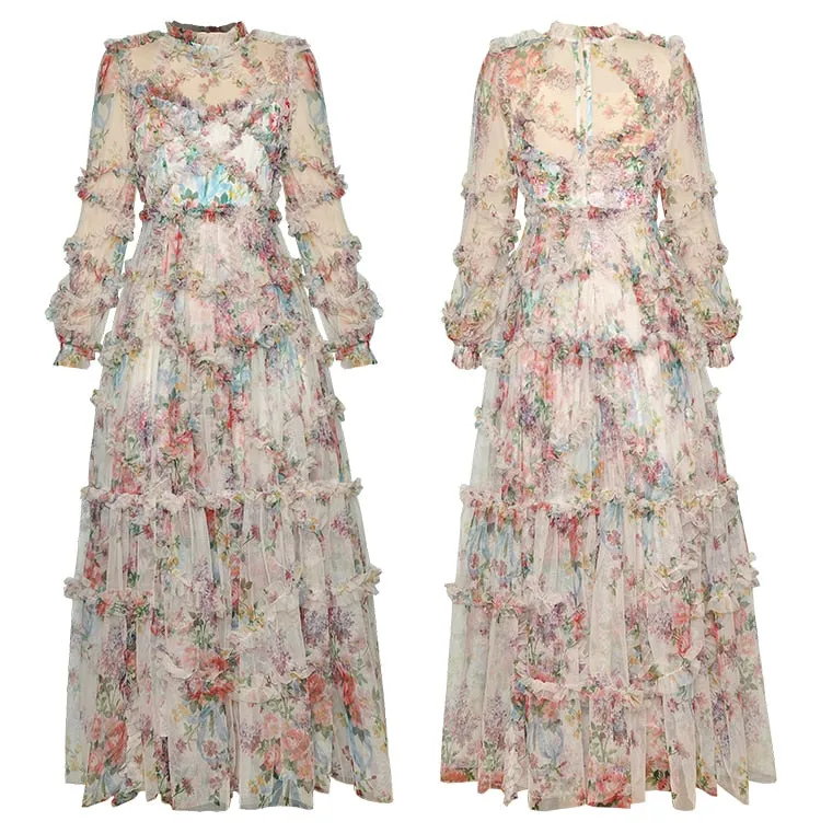 Hazel Spring Mesh Lantern Sleeve Cascading Ruffle  Floral Print  Dress