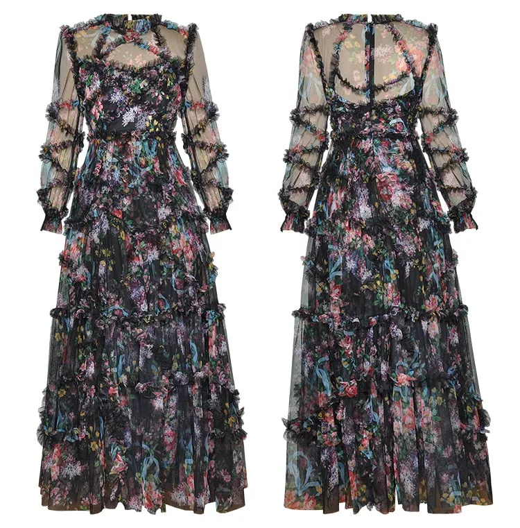 Hazel Spring Mesh Lantern Sleeve Cascading Ruffle  Floral Print  Dress