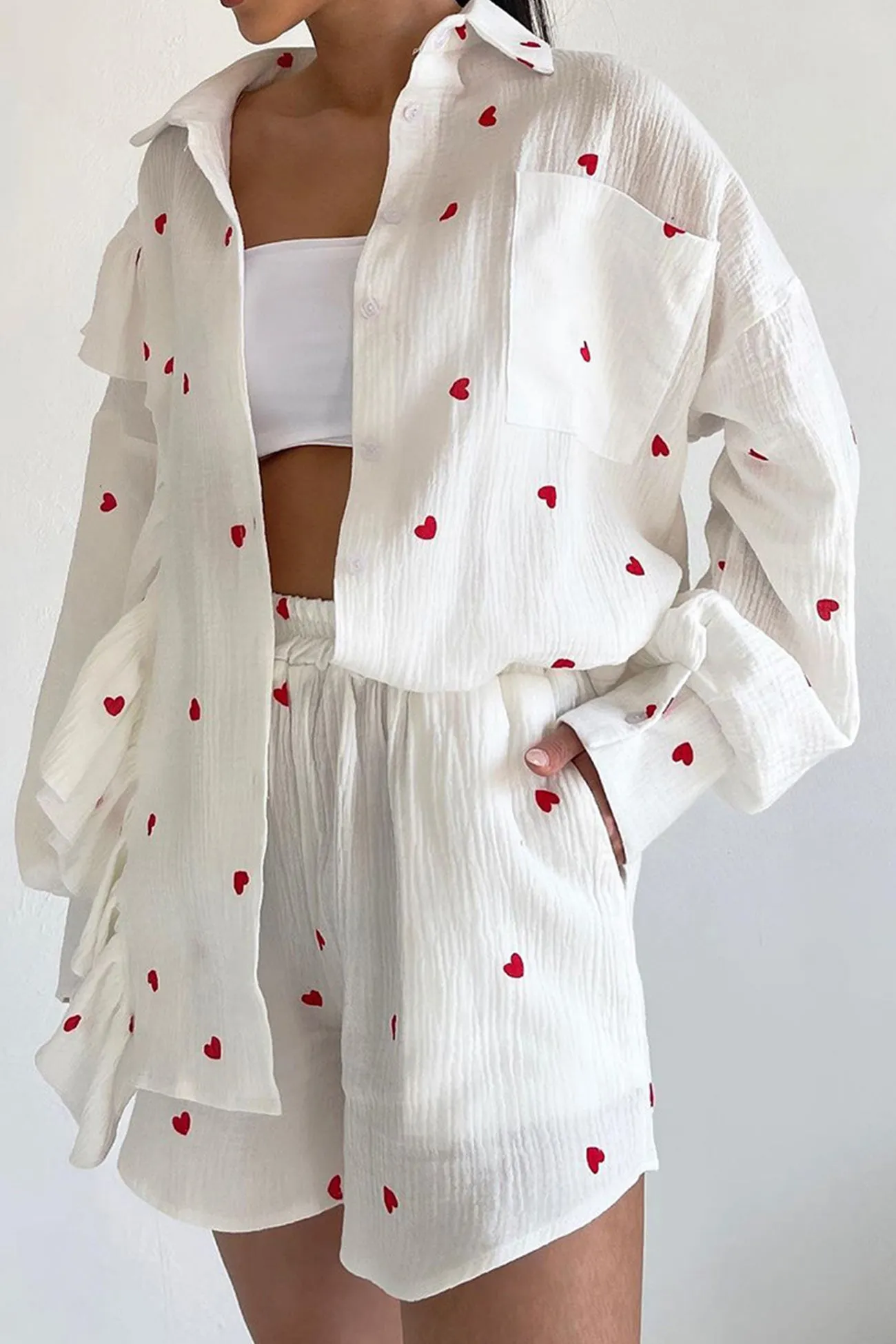 Heart Print Ruffle Long Sleeve Shirt Two Piece Shorts Set