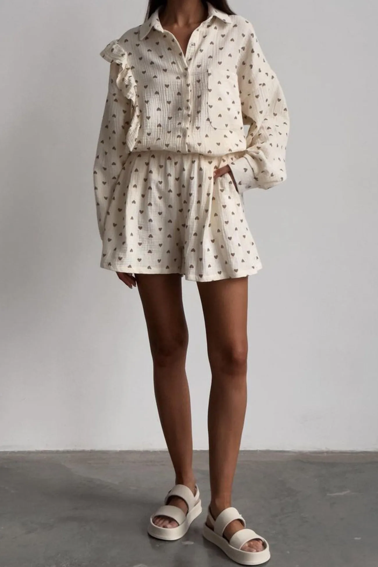 Heart Print Ruffle Long Sleeve Shirt Two Piece Shorts Set