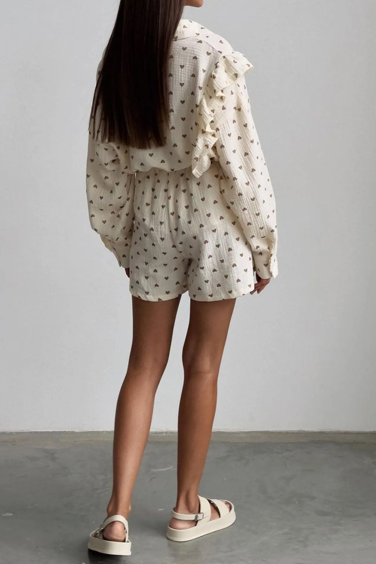 Heart Print Ruffle Long Sleeve Shirt Two Piece Shorts Set