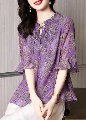 Italian Purple Ruffled Print Chiffon Blouses Summer HA1055