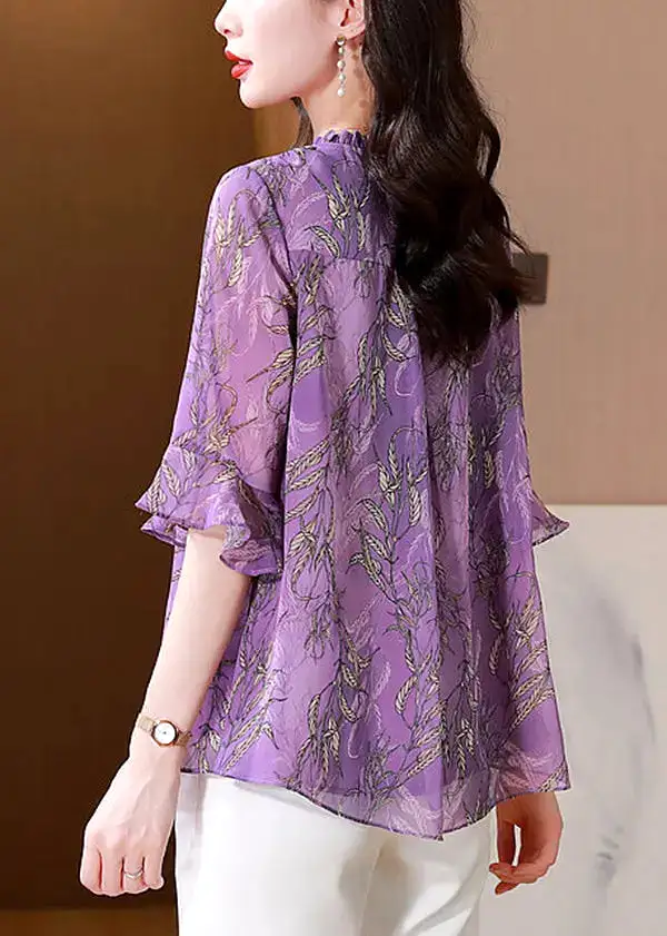 Italian Purple Ruffled Print Chiffon Blouses Summer HA1055