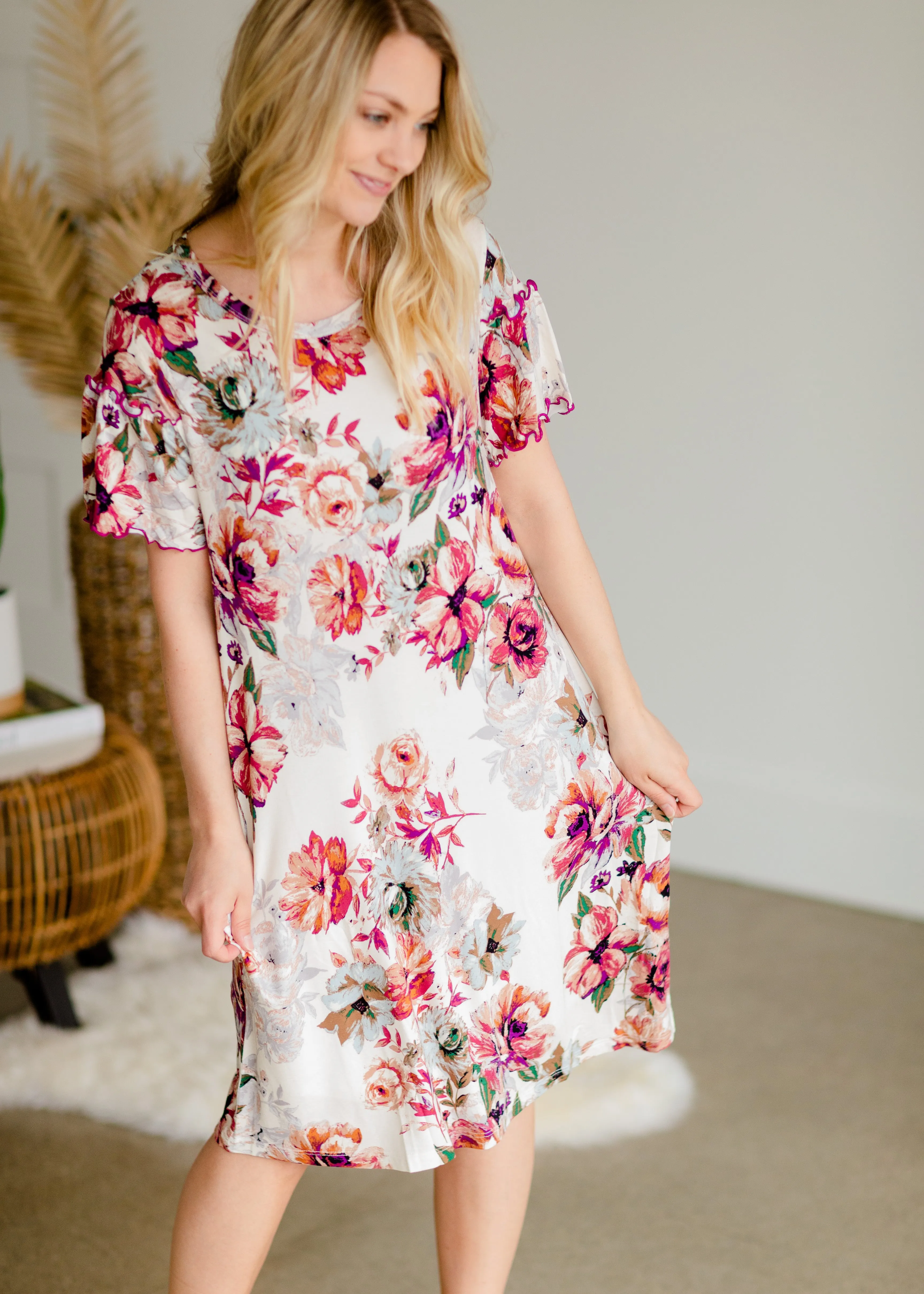 Ivory Ruffle Sleeve Floral Swing Midi Dress - FINAL SALE