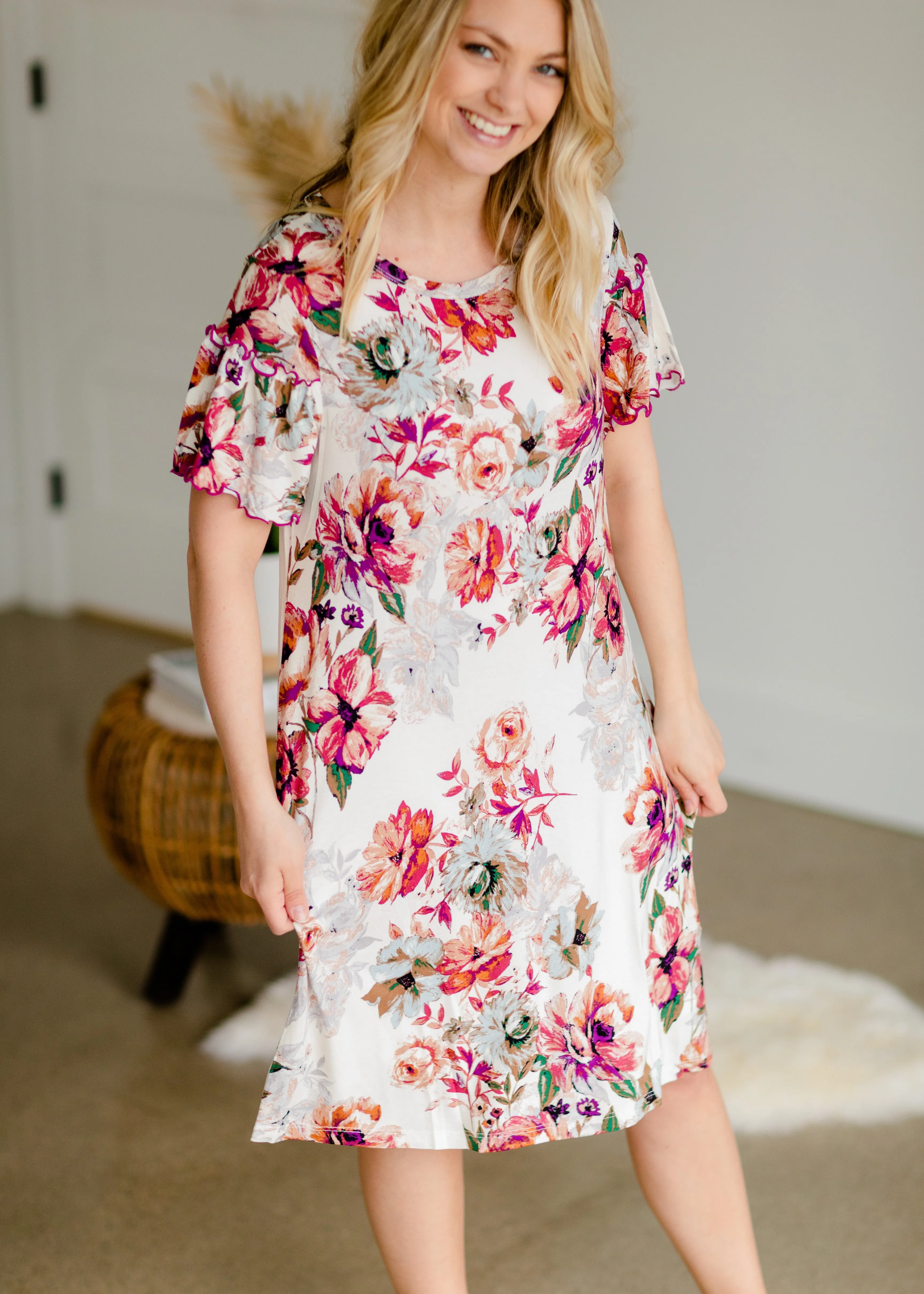 Ivory Ruffle Sleeve Floral Swing Midi Dress - FINAL SALE