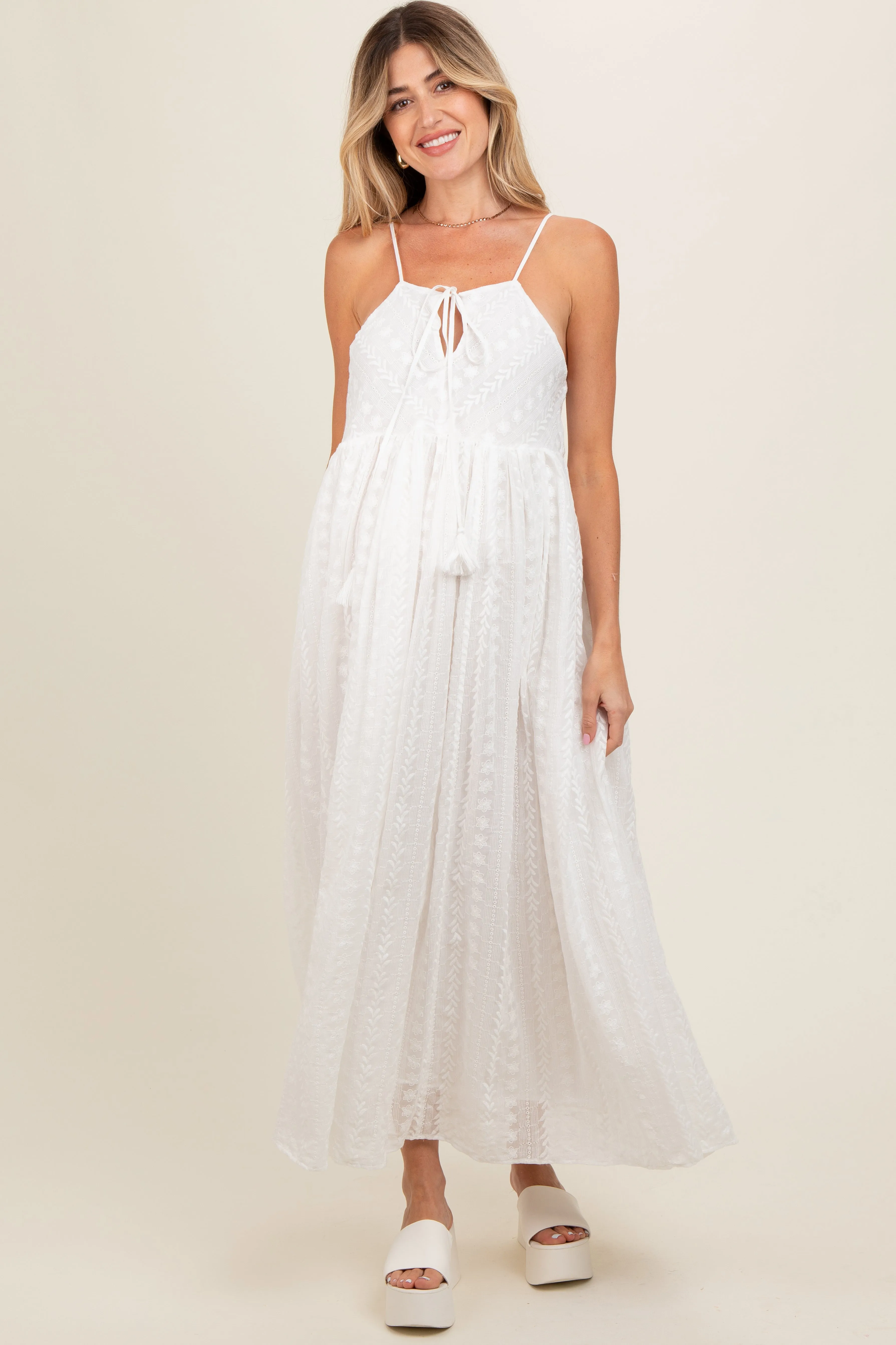 Ivory Textured Keyhole Neckline Maternity Maxi Dress