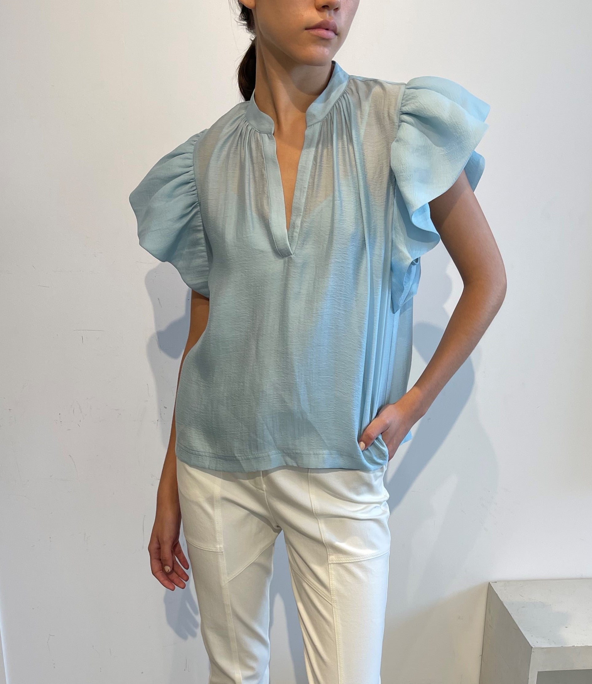 Jonathan Simkhai - Ayme Organy Ruffle Sleeve Top - Celeste Blue