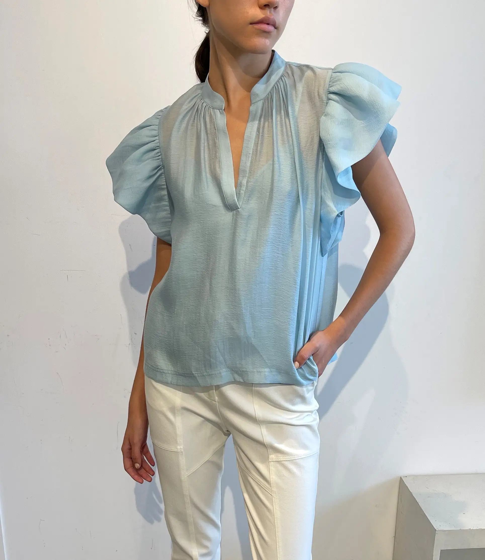 Jonathan Simkhai - Ayme Organy Ruffle Sleeve Top - Celeste Blue