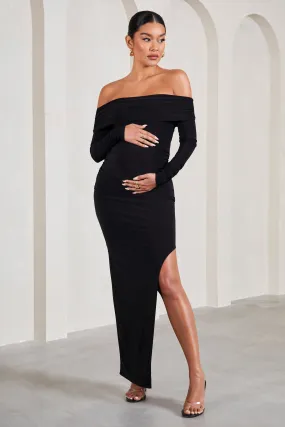 Kaylee | Black Ruched Strapless Long-Sleeved Split Maternity Maxi Dress