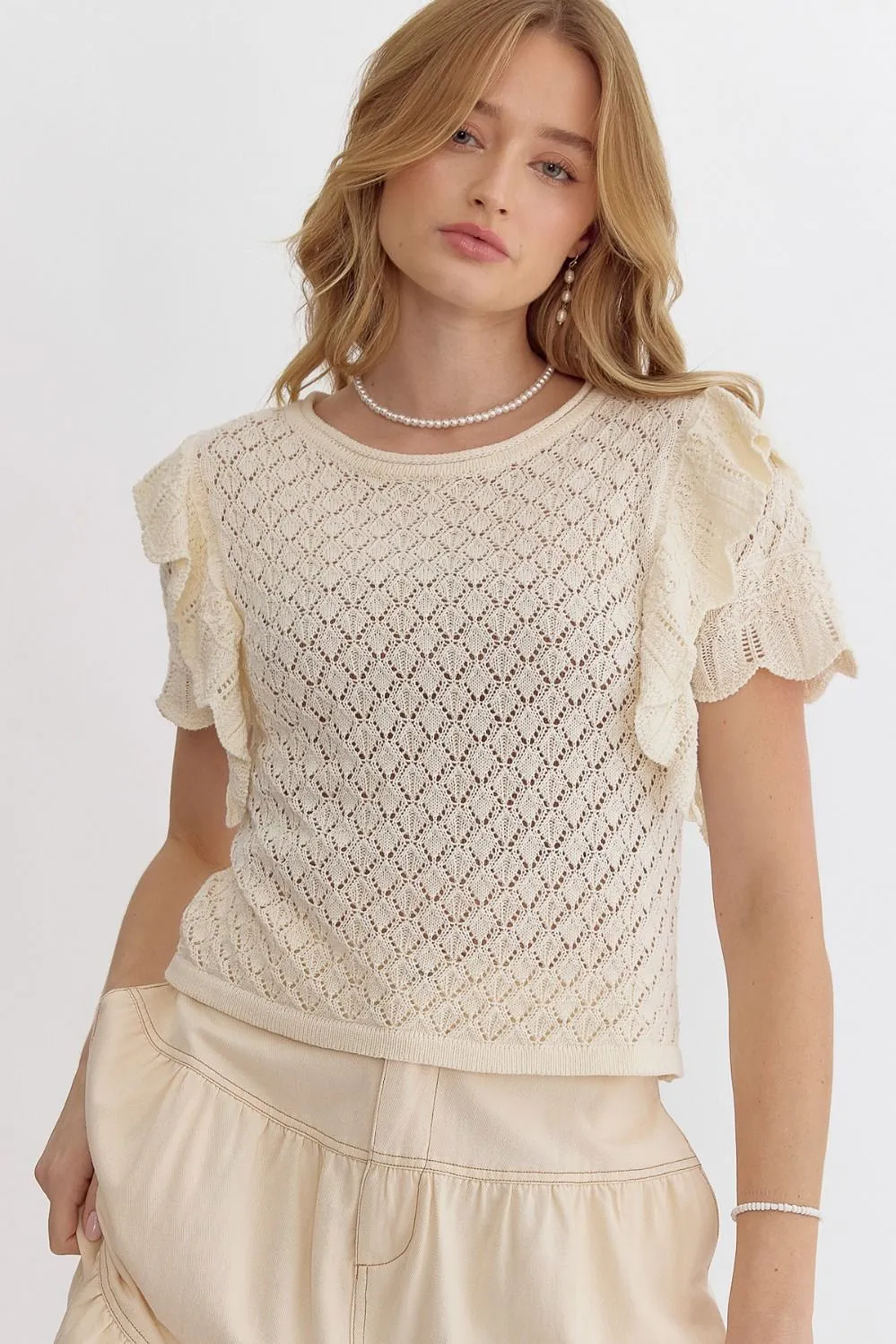 Knit Ruffle Sleeve Top - Off White