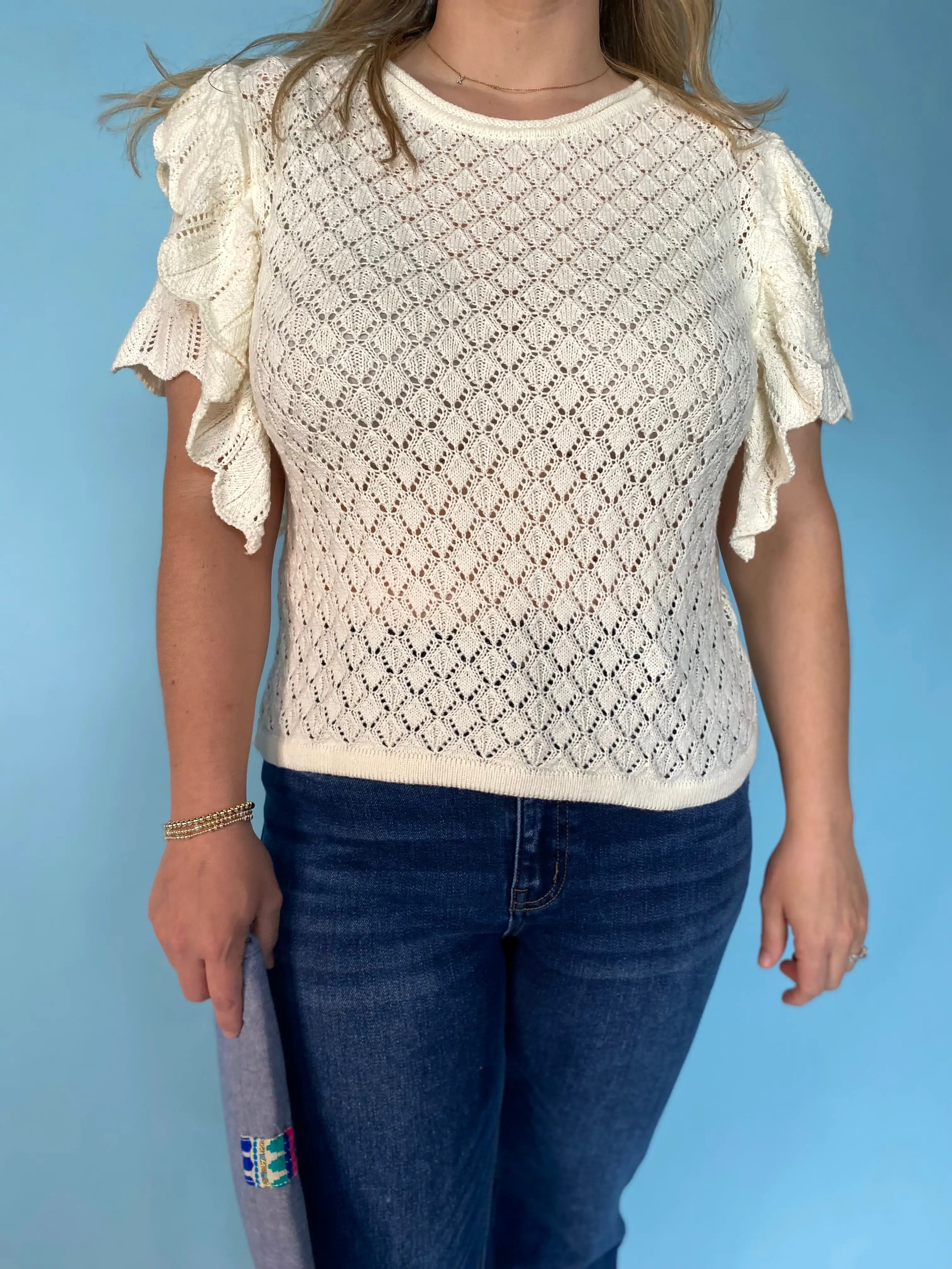 Knit Ruffle Sleeve Top - Off White