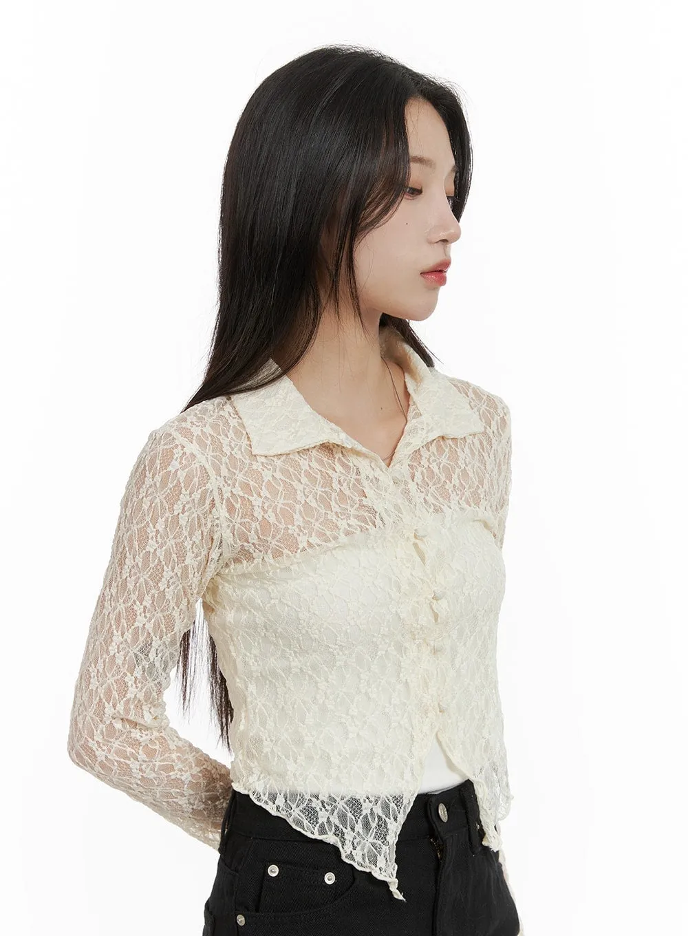 Lace Solid Ruffle Hem Long Sleeve Blouse CM427