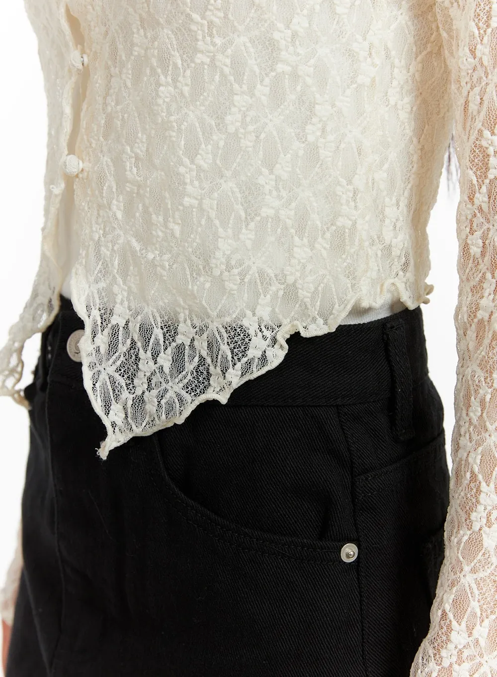 Lace Solid Ruffle Hem Long Sleeve Blouse CM427