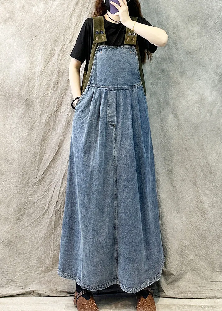 Light Blue Casual Loose Patchwork Suspender Denim Dress Spring