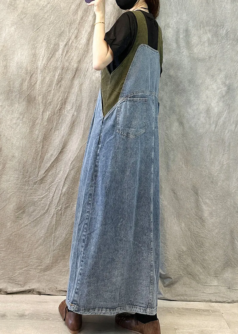 Light Blue Casual Loose Patchwork Suspender Denim Dress Spring