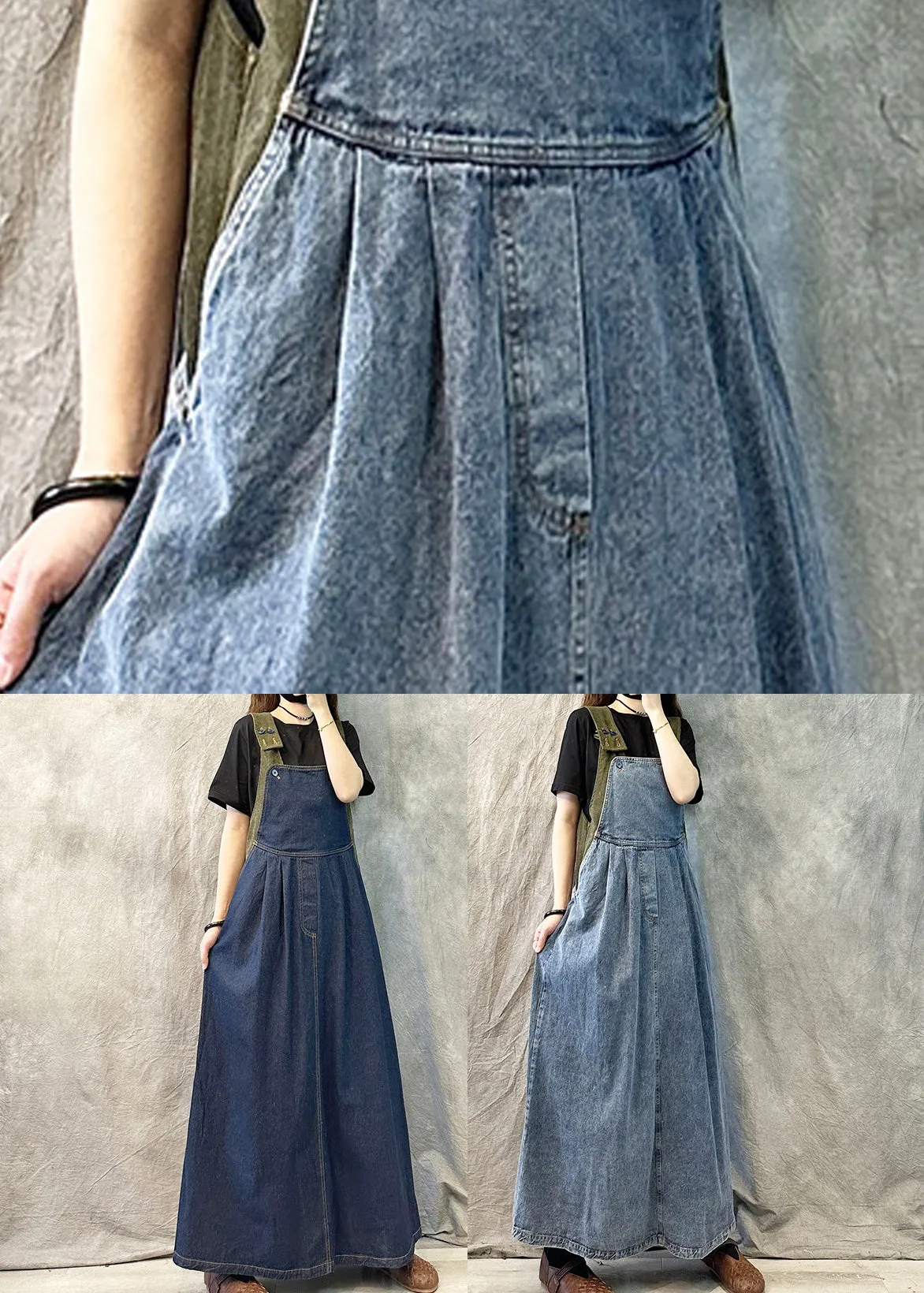 Light Blue Casual Loose Patchwork Suspender Denim Dress Spring