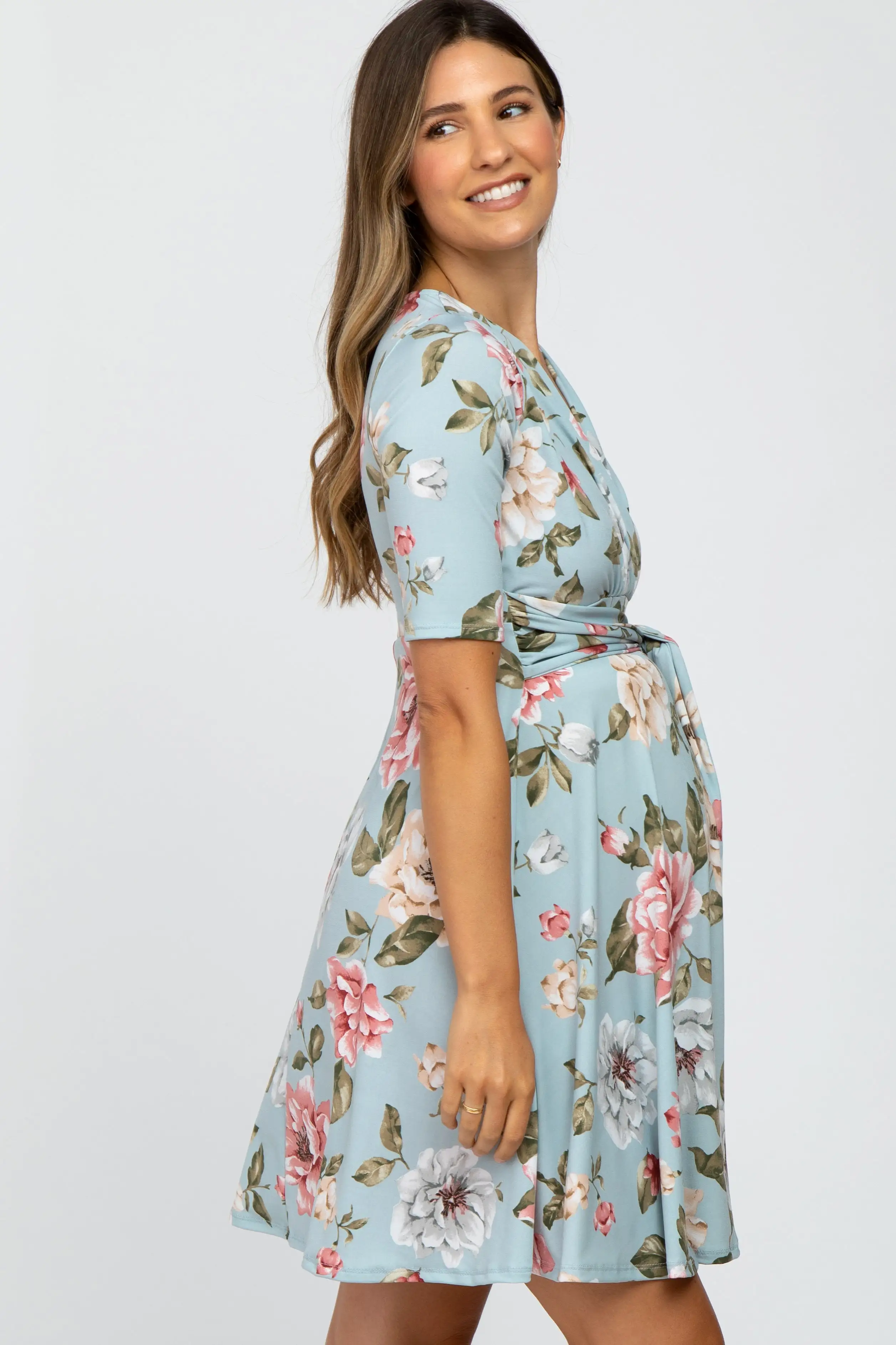 Light Blue Floral Maternity Wrap Dress