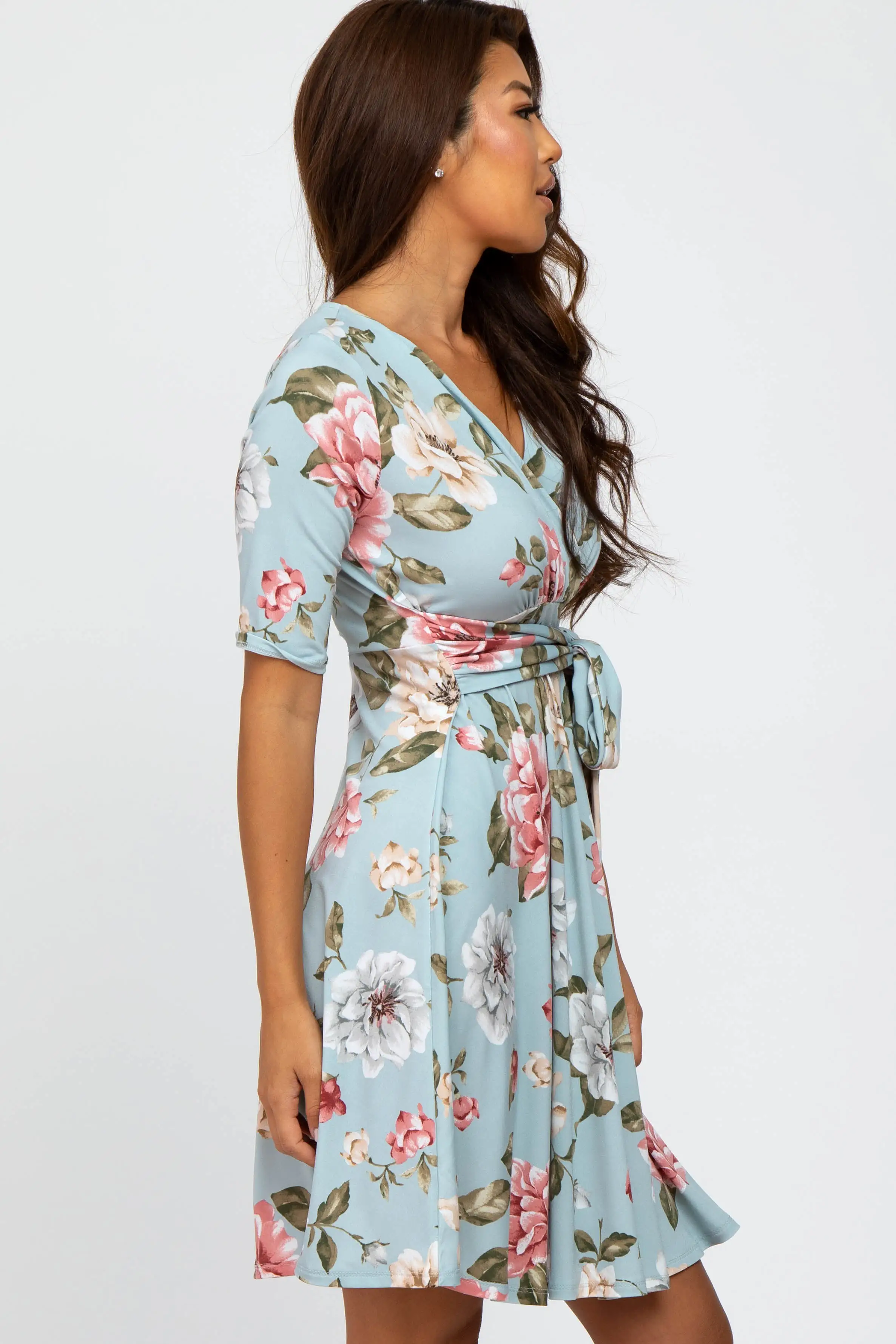 Light Blue Floral Wrap Dress