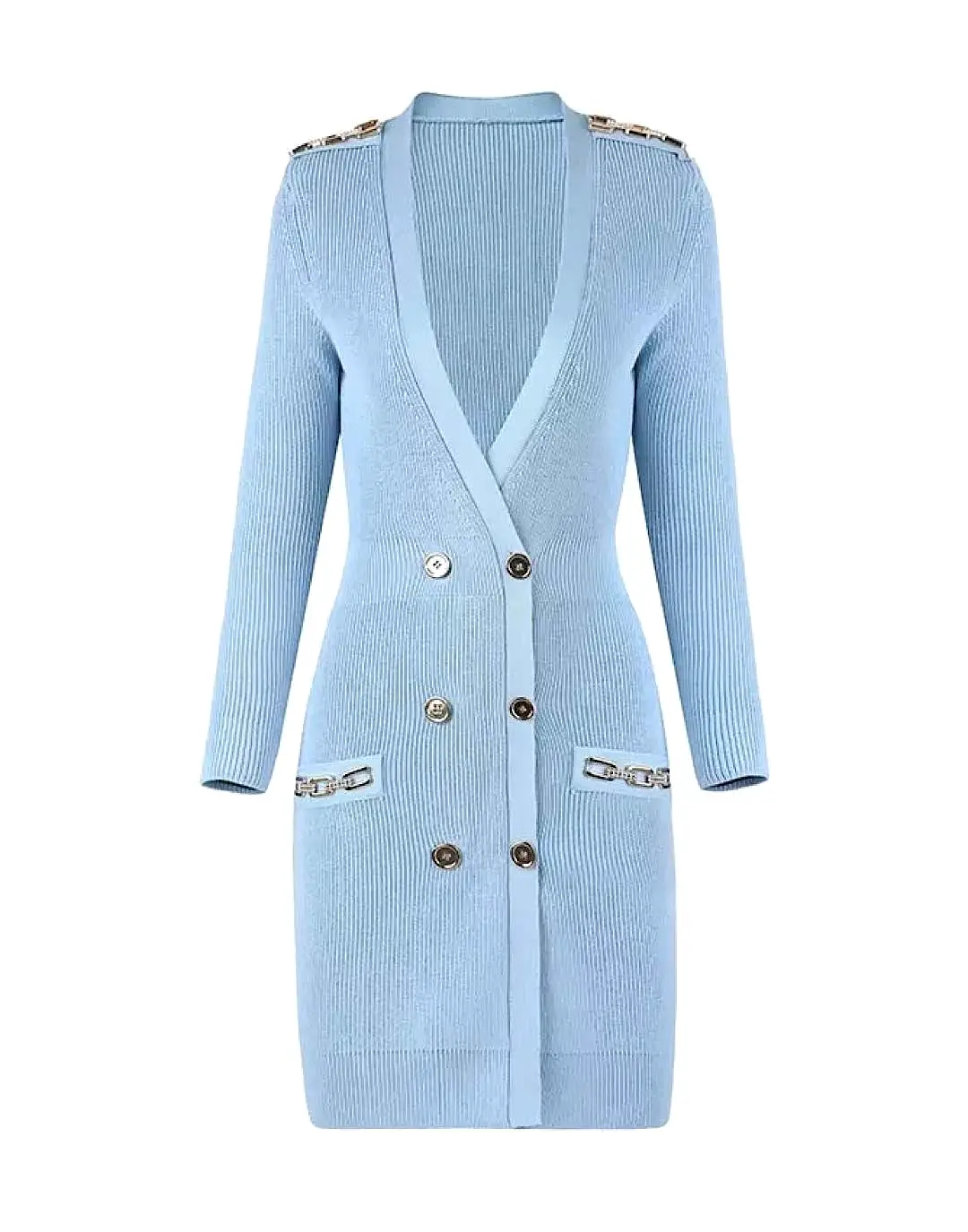 Light Blue Gold Button Chain Knitted Cardigan Dress