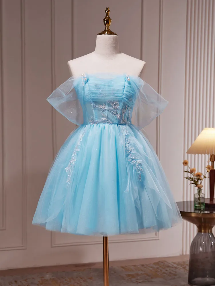 Light Blue Sheer Short Juniors Homecoming Dress Graudation Dress