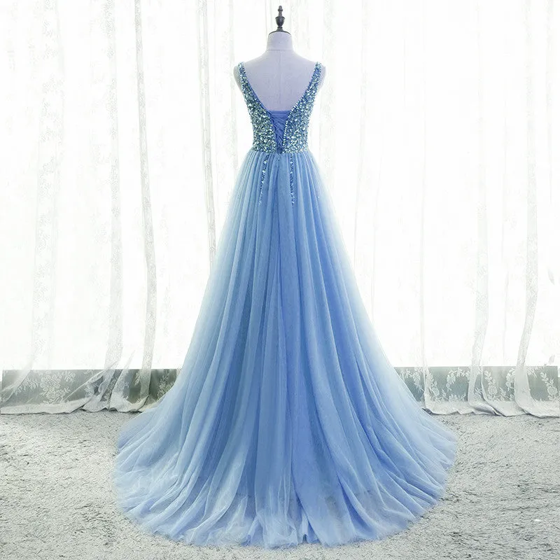 Light Blue Tulle Beaded V-neckline Low Back Long Party Dress, Blue Junior Prom Dress