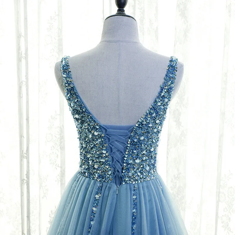 Light Blue Tulle Beaded V-neckline Low Back Long Party Dress, Blue Junior Prom Dress