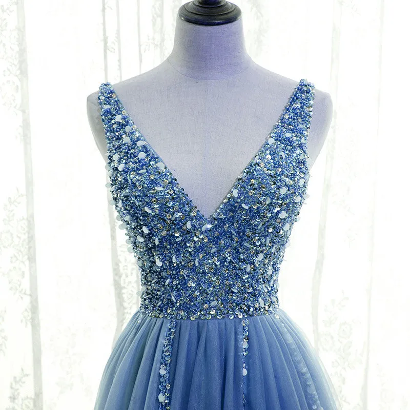 Light Blue Tulle Beaded V-neckline Low Back Long Party Dress, Blue Junior Prom Dress