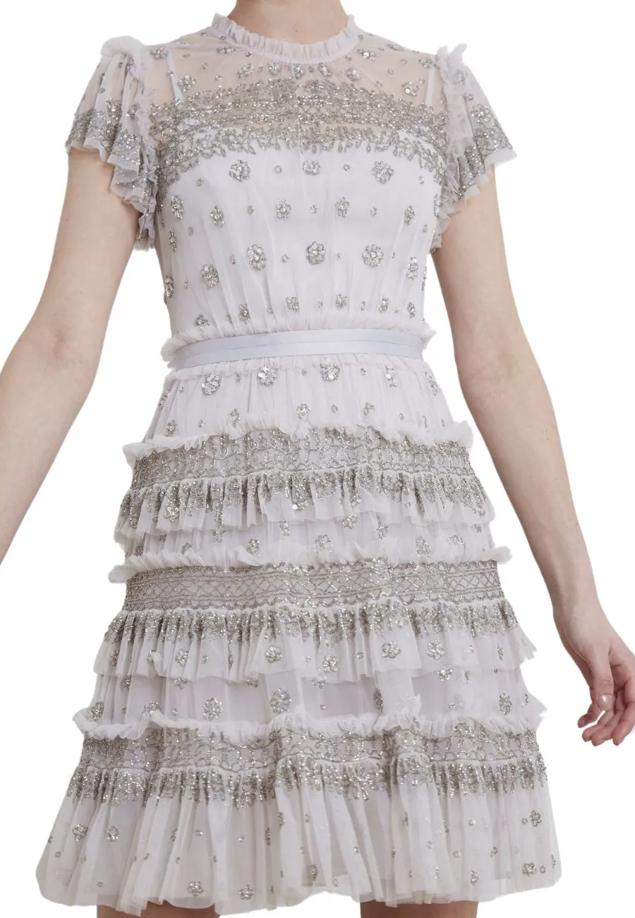 Light Grey Short Sleeves Embellished Ruffled Tiered Mini Dress