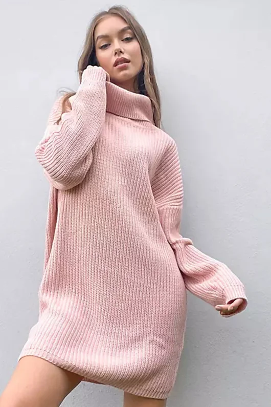 Light Pink Roll Neck Knitted Jumper Dress