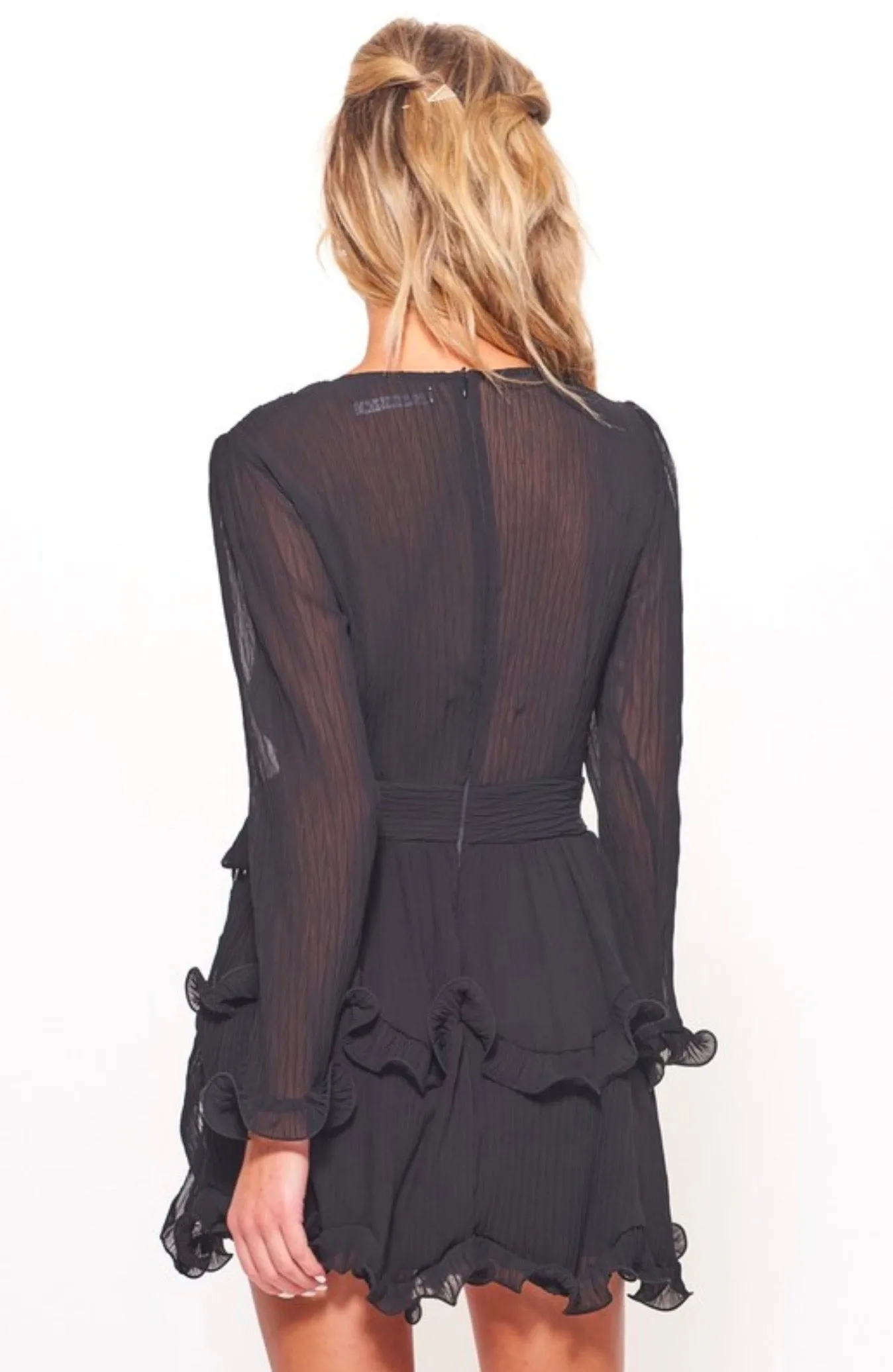 Long Sleeve Tiered Ruffle Chiffon V-neck Dress with Tie Waist in Black