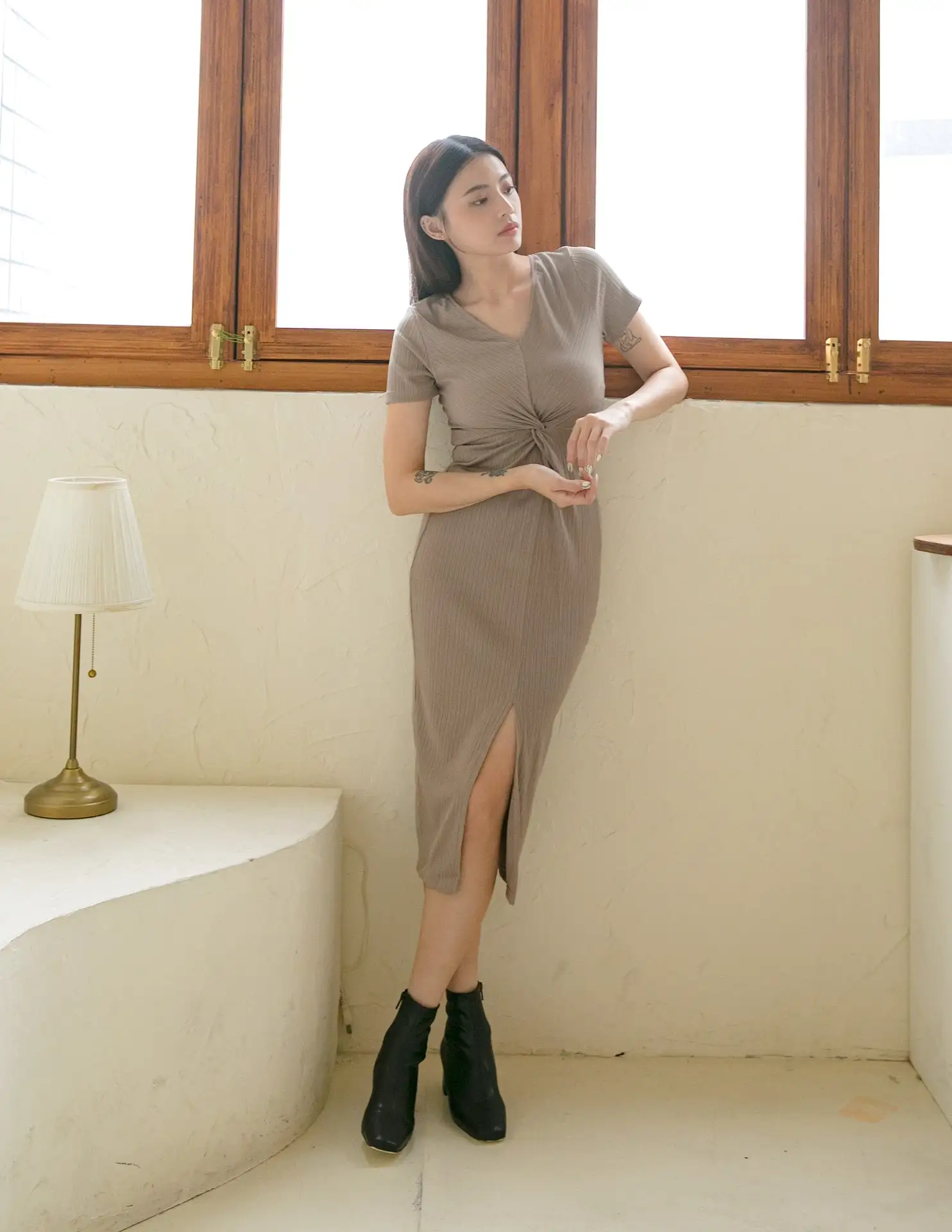 Mae Midi Dress in Taupe