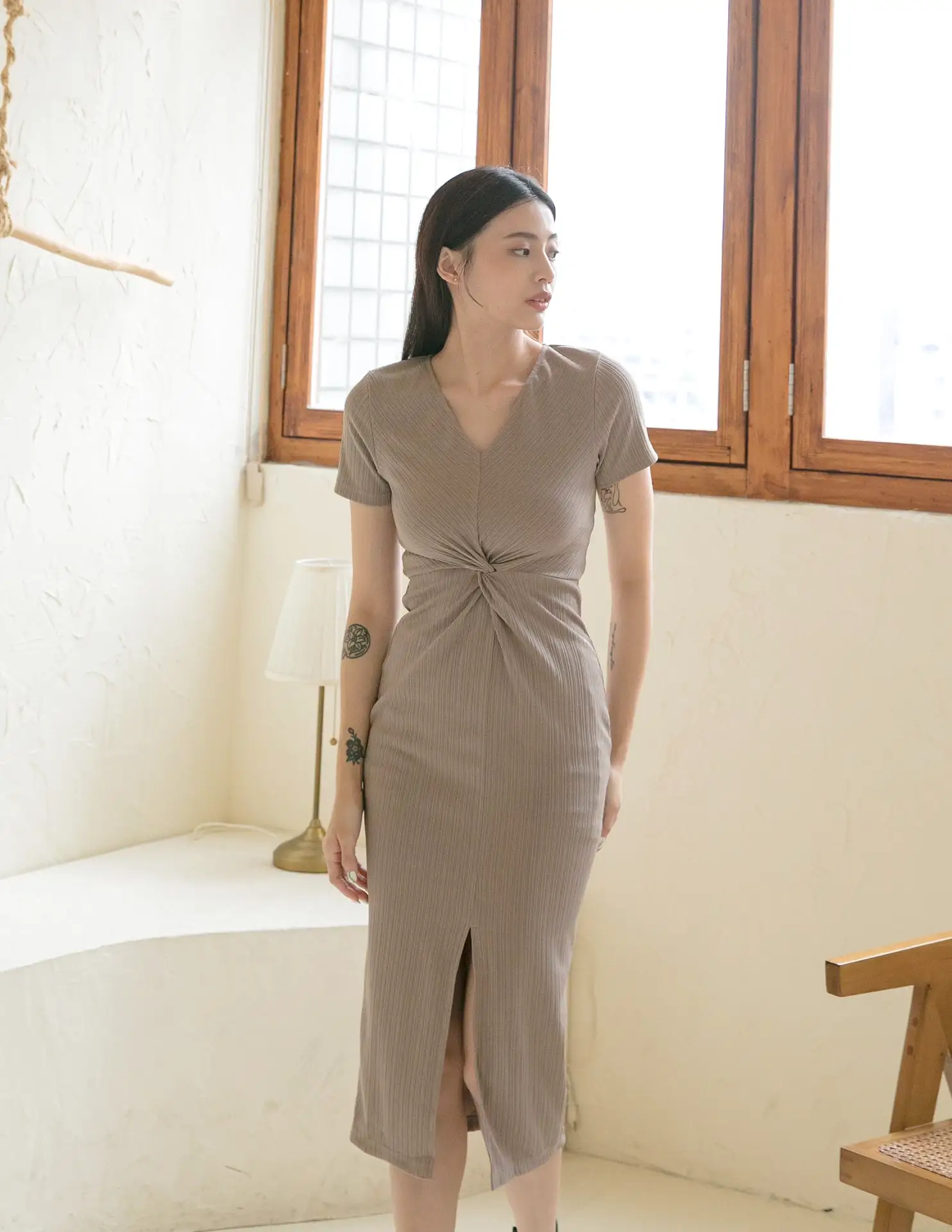 Mae Midi Dress in Taupe