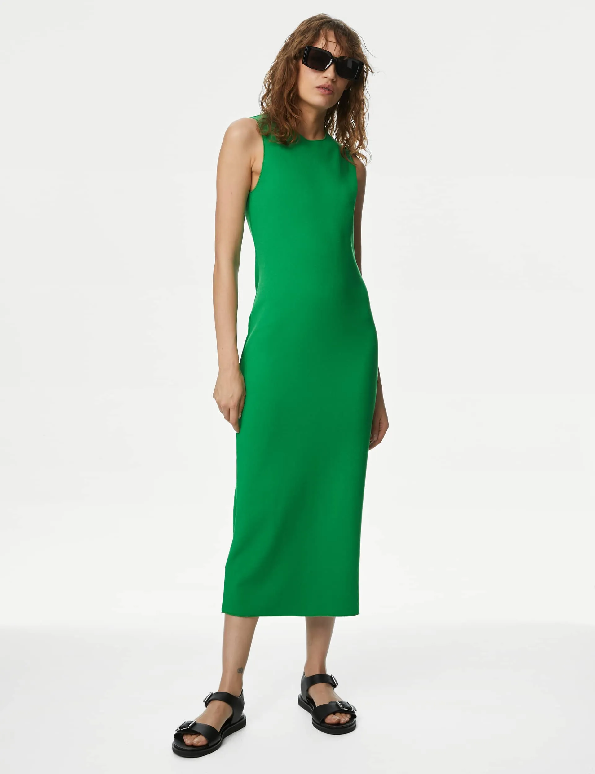 M&S Women's Jersey Round Neck Midi Bodycon Dress - 12REG - Light Green, Light Green